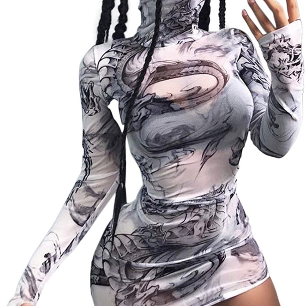 Women Mesh Club Outfits Dress Dragon Print Turtleneck Sexy Long Sleeve.